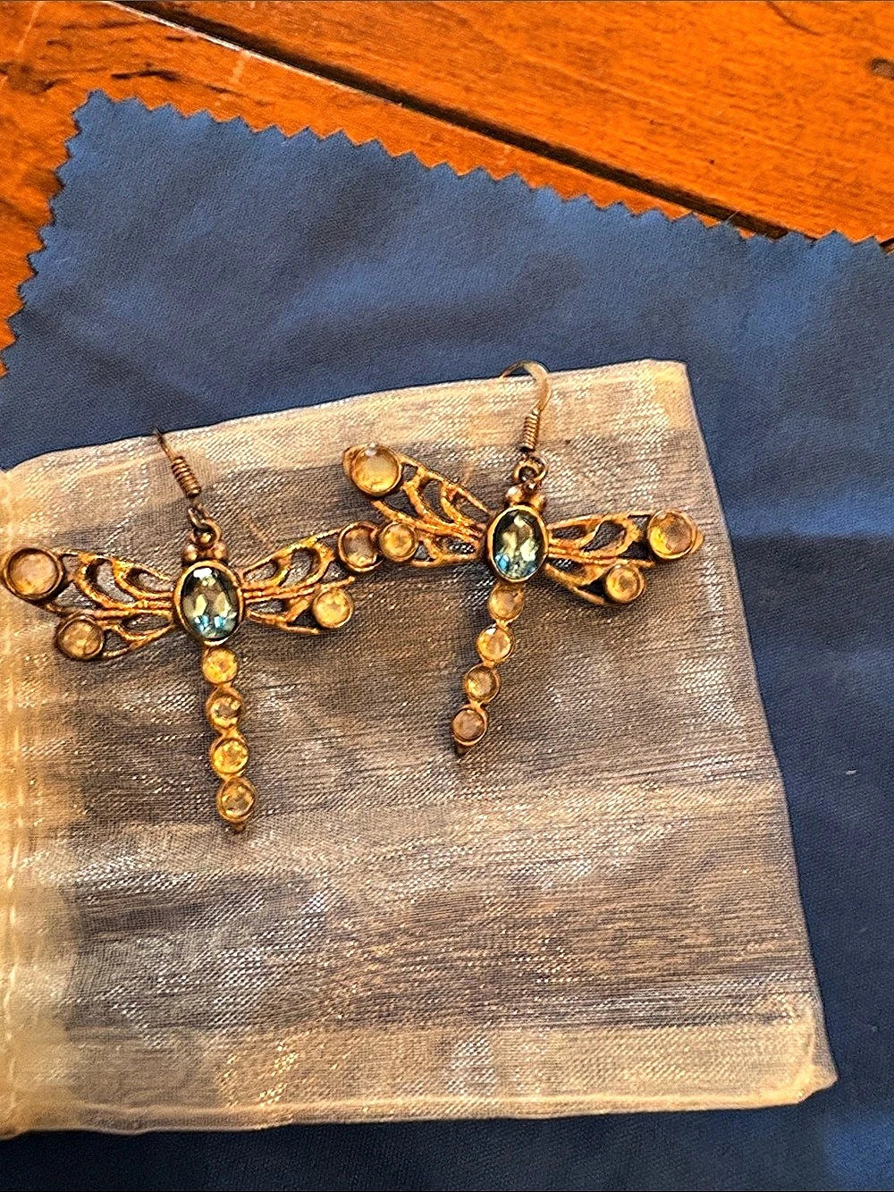 Gold-Tone Blue Stone Dangle Earrings Like New